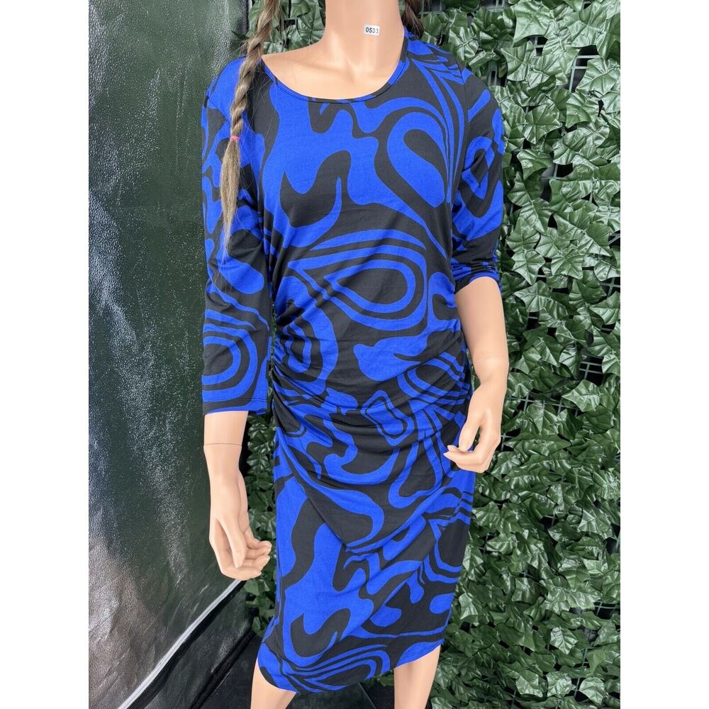 MILANO Royal BLUE & BLACK ABSTRACT LONG SLEEVE DRESS SZ M - Picture 2 of 11